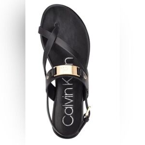 Calvin Klein black Sadra toe thong gold plated logo Dress Sandals flats‎ size 11
